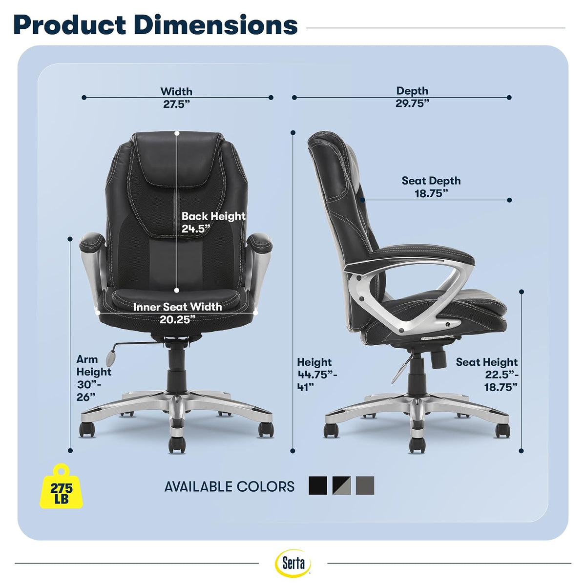 Serta 43673 Silla ejecutiva de cuero sintético, Negro