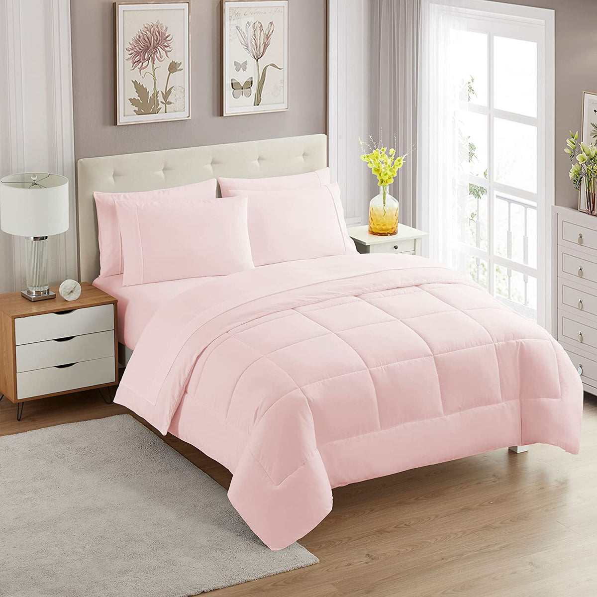 Sweet Home Collection Juego de edredón de 7 Piezas de Color sólido para Todas Las Estaciones, Manta Alternativa de plumón Suave y sábanas de Microfibra de Lujo, Rosa pálido, Individual XL