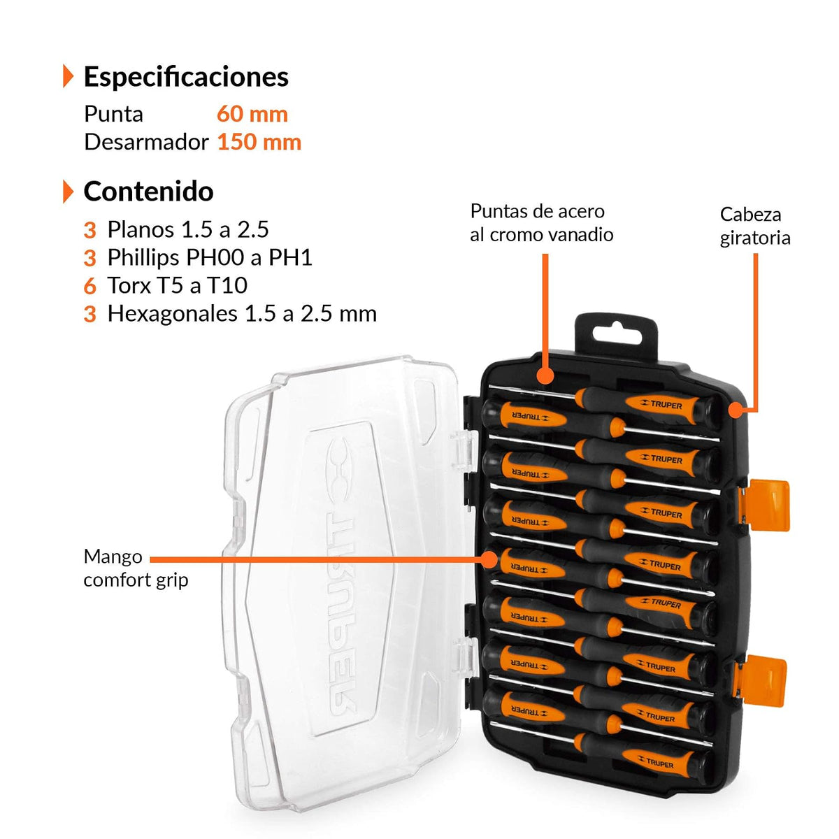Truper JOY-15L, Juego con 15 desarmadores de joyero largos o de precisión