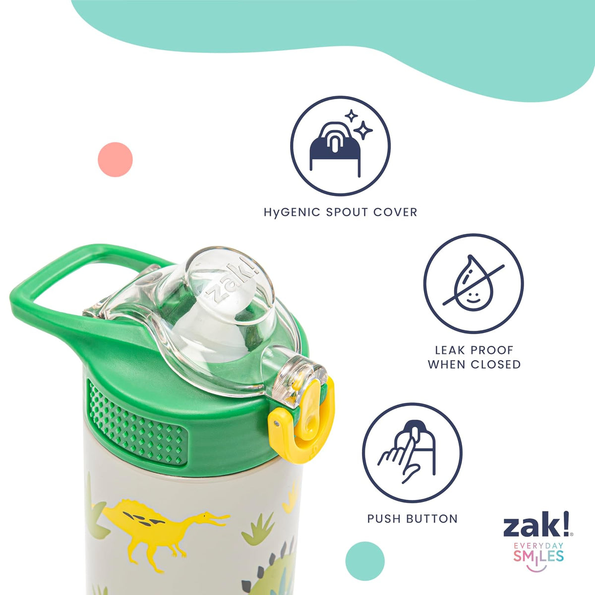 Zak Designs Disney Moana Sage - Botella de agua para niños para la escuela o los viajes, botella de agua de acero inoxidable de 14 onzas con popote, mango y a prueba de fugas, cubierta de boquilla