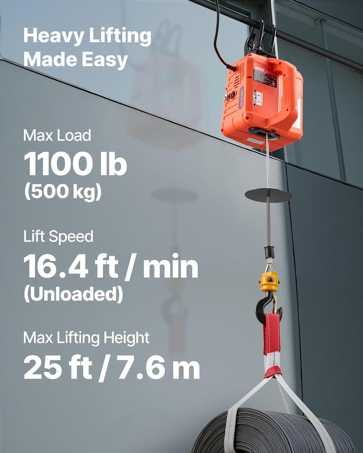 VEVOR Cabrestante eléctrico 3 en 1, capacidad de 1100 lb, cabrestante eléctrico portátil de 1500 W, altura de elevación de 25 pies, 16,4 pies/min con control remoto manual, con cable e inalámbrico
