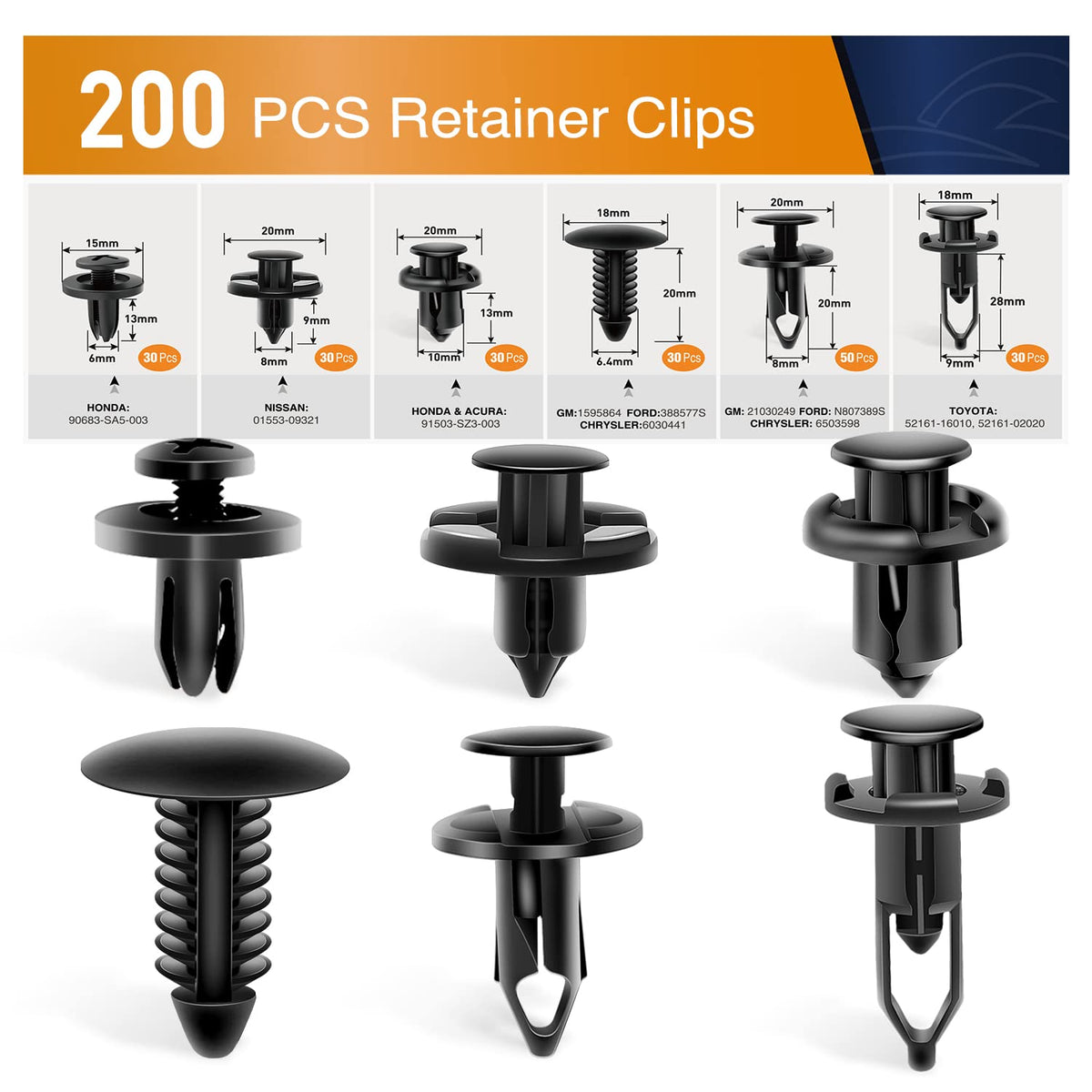 GOOACC Kit de Clips de Retención de Plástico para Auto, Varios Tamaños - 200 Pcs Rivet Clips