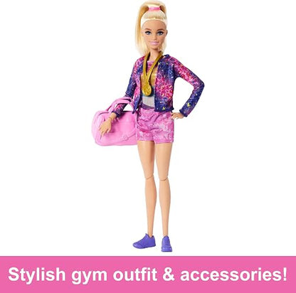 Barbie, Profesiones, Set de Juego Gimnasta, Muñeca con Cabello Rubio, para Niñas de 3 Años en Adelante, Mattel, Gimnasia, Viga de Equilibrio y más de 10 Piezas temáticas