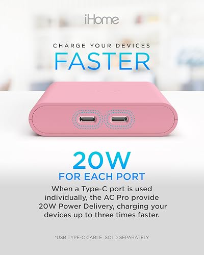 Cargador USB-C multipuerto de 36 W de iHome: Bloque de Cargador USB C Plano de 2 Puertos AC Pro, Cargador de Pared USB C Doble, Cargador de Pared USB-C Compatible con Carga rápida