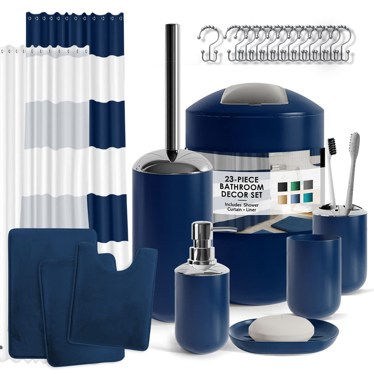 CLARA CLARK - Juego de Accesorios de baño, Juego de Cortina de Ducha, dispensador de jabón, Cepillo para Polvo de Inodoro y Bote de Basura (Gris, Juego Completo + Alfombras de baño) - Juego completo + alfombras de baño - Azul Marino