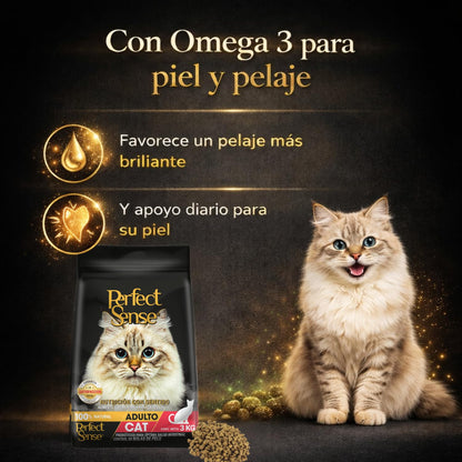 Perfect Sense Alimento Premium para Gato 3 kg - 100% Natural con Taurina, Omega 3, Prebióticos y Fibras Naturales para Pelaje Saludable y Control de Bolas de Pelo