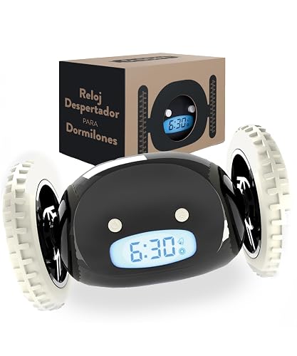 CLOCKY Reloj Despertador con Ruedas Digital Potente Ruidoso para Dormilones | Alarma Sonido Muy Fuerte Sordos Sueño Pesado Adultos Niños Inteligente Fugitivo Se Mueve Regalo Divertido, Negro