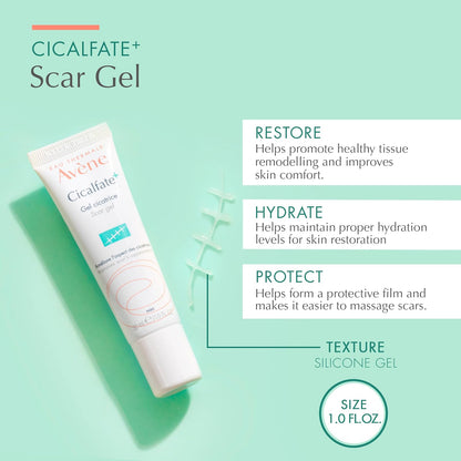 Eau Thermale Avene Cicalfate+ Scar Gel - Restorative Silicone Massage Gel for Superficial & Dermatological Scars - Postbiotic Skincare - Non-Comedogenic - 1 fl.oz.