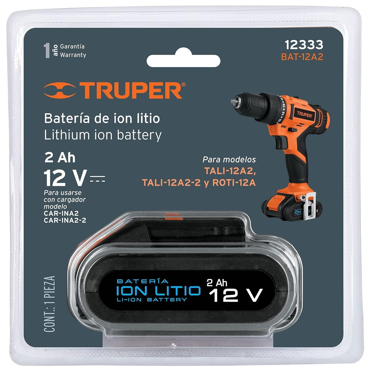 Truper BAT-12A2, Batería ión Litio, 12 V para taladro TALI-12A2