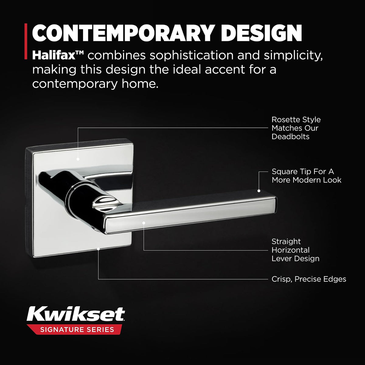 Kwikset Halifax - Manija de puerta de paso interior, palanca para puertas de clóset y pasillo, palanca reversible sin bloqueo, cromo pulido, rosa cuadrada