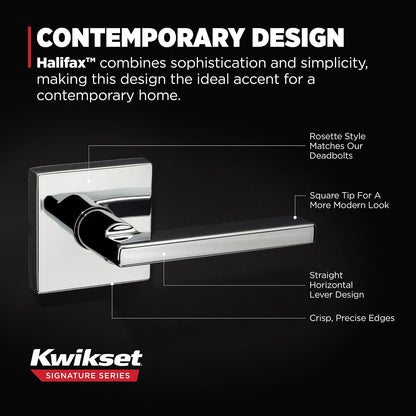 Kwikset Halifax - Manija de puerta de paso interior, palanca para puertas de clóset y pasillo, palanca reversible sin bloqueo, cromo pulido, rosa cuadrada