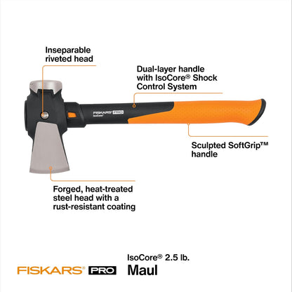 Fiskars Pro IsoCore Maul - Divisor de Madera de 2.5 Libras para Troncos de pequeño tamaño y Kindling con Mango Que Absorbe los Golpes, Negro/Naranja