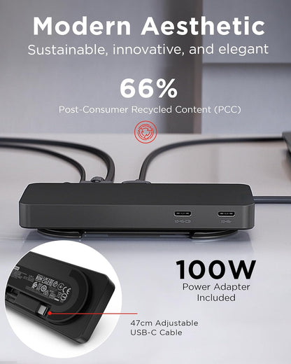 Lenovo USB-C Dual Display Travel Dock con Adaptador de Corriente de 100 W, 7 Puertos, Cable USB-C Integrado, compatibilidad Universal, Pantallas Dobles a 4K, Negro