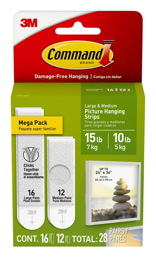 Command - Tiras para colgar cuadros, tamaño mediano y grande, sin daños, para colgar fotos, sin herramientas, tiras para colgar en la pared para espacios de vida, blanco, 12 pares medianos y 16 pares