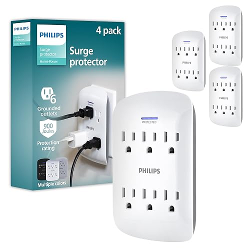 Philips, Multicontacto de Pared de 6 Salidas Con Supresor de Picos, 900 Julios, Luz LED Indicadora de Protecion, Diseño Ahorra Espacio, Certificacion ETL, Blanco, Paquete de 4, SPP3469WA/37
