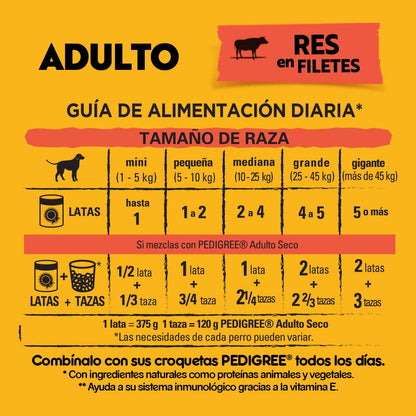 PEDIGREE Alimento para Perros Adultos, Sabor Res En Filetes 375 Gr, Paquete De 24 Latas