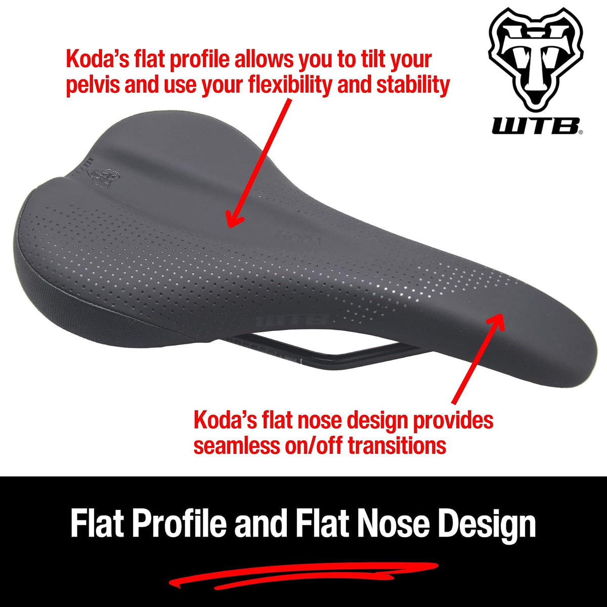 WTB Koda Bike Saddle, Comfortable Mountain Bike Saddle with Comfort Zone Pressure Relief, Gravel, Trail, Enduro, Bikepacking, Flat Nose, Medium or Wide, Titanium, Chromoly, or Stainless Steel Rails