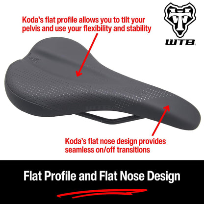 WTB Koda Bike Saddle, Comfortable Mountain Bike Saddle with Comfort Zone Pressure Relief, Gravel, Trail, Enduro, Bikepacking, Flat Nose, Medium or Wide, Titanium, Chromoly, or Stainless Steel Rails