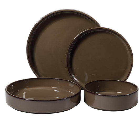 - Dos veces ganador de los Favoritos de Oprah - Santorini Mist juego de 16 piezas de vajilla de doble cuenco de terracota con platos y cuencos de esmaltado reactivo - Marrón madera flotante