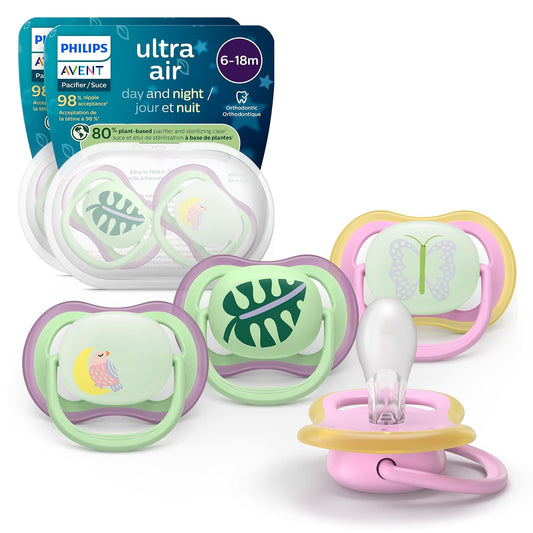 Philips Avent Ultra Air Chupones de Día y Noche - Diseño Ortodóntico, para Bebés de 6-18 Meses, Versión que Brilla en la Oscuridad, Tetina Simétrica de Silicona Suave, sin BPA, 2 Estuches