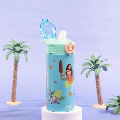 Zak Designs Disney Moana Sage - Botella de agua para niños para la escuela o los viajes, botella de agua de acero inoxidable de 14 onzas con popote, mango y a prueba de fugas, cubierta de boquilla