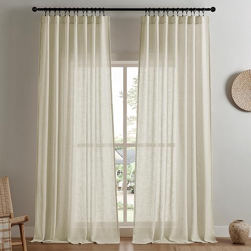 Joydeco - Cortinas de Lino para Sala de Estar, Cortinas filtrantes de luz de 84 Pulgadas de Largo, Juegos de 2 Paneles, Cortinas Blancas de Lino con Bolsillos para Barra Trasera (52 x 84 Pulgadas
