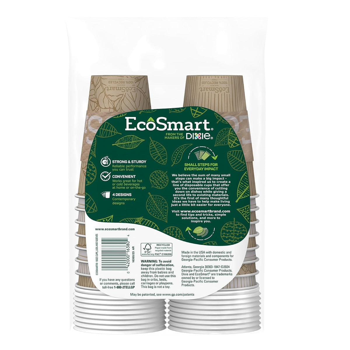 EcoSmart® - Vasos de papel de fibra 100% reciclada, tazas de café desechables de 16 onzas con tapas y mangas, 96 tazas ecológicas (6 paquetes combinados de 16 tazas, tapas y fundas)