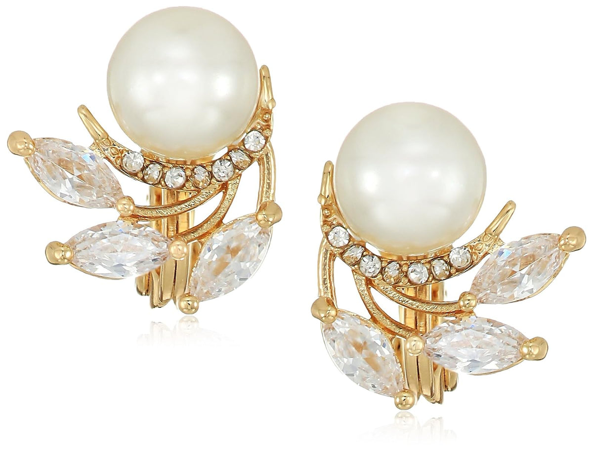 Anne Klein Pendiente - arete con botón de perlas - Clip de vidrio y perla de halo en tono dorado
