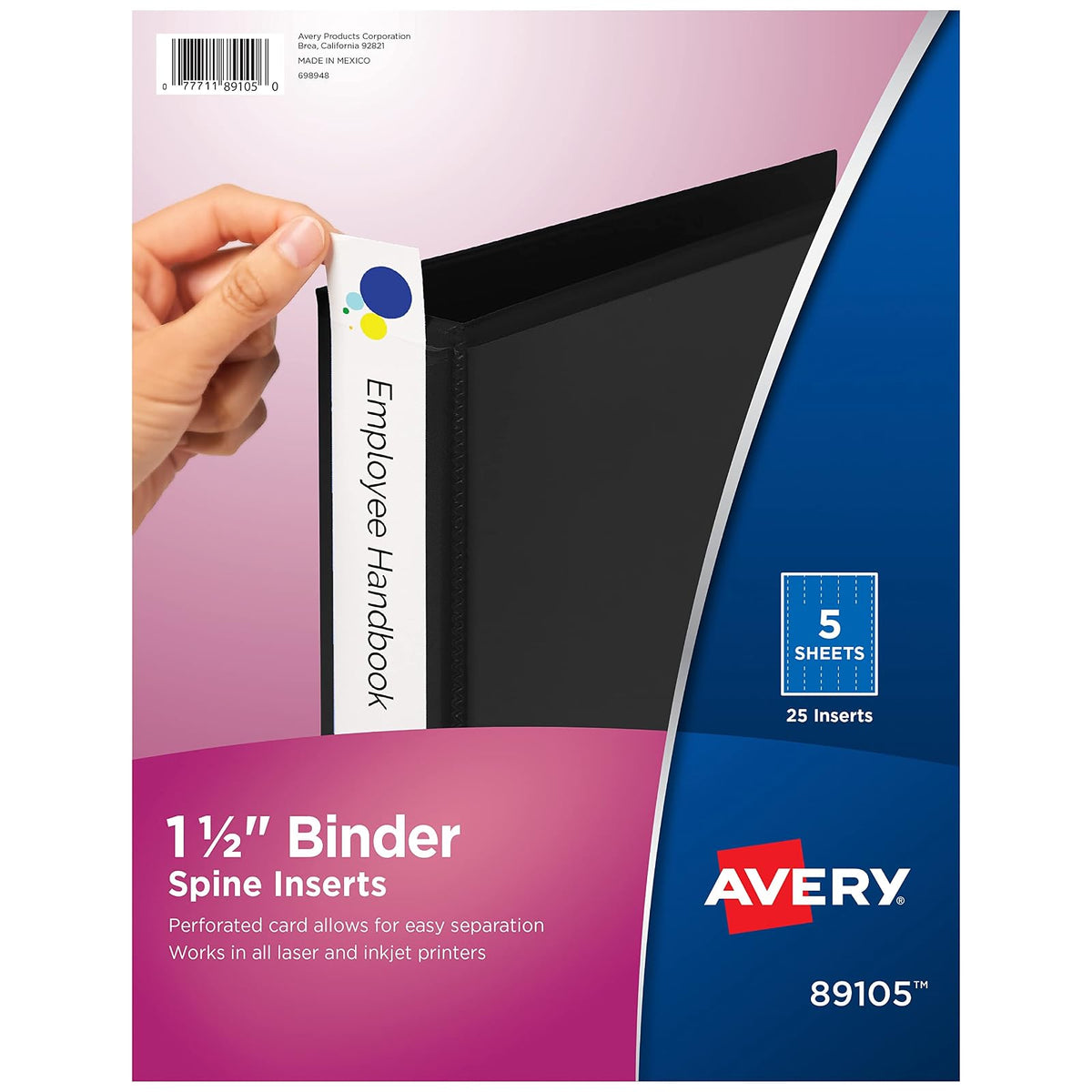 AVERY Avery-Dennison 89105 Insertos de lomo de carpeta, capacidad de 1-1/2 pulgadas, 25 unidades, color blanco