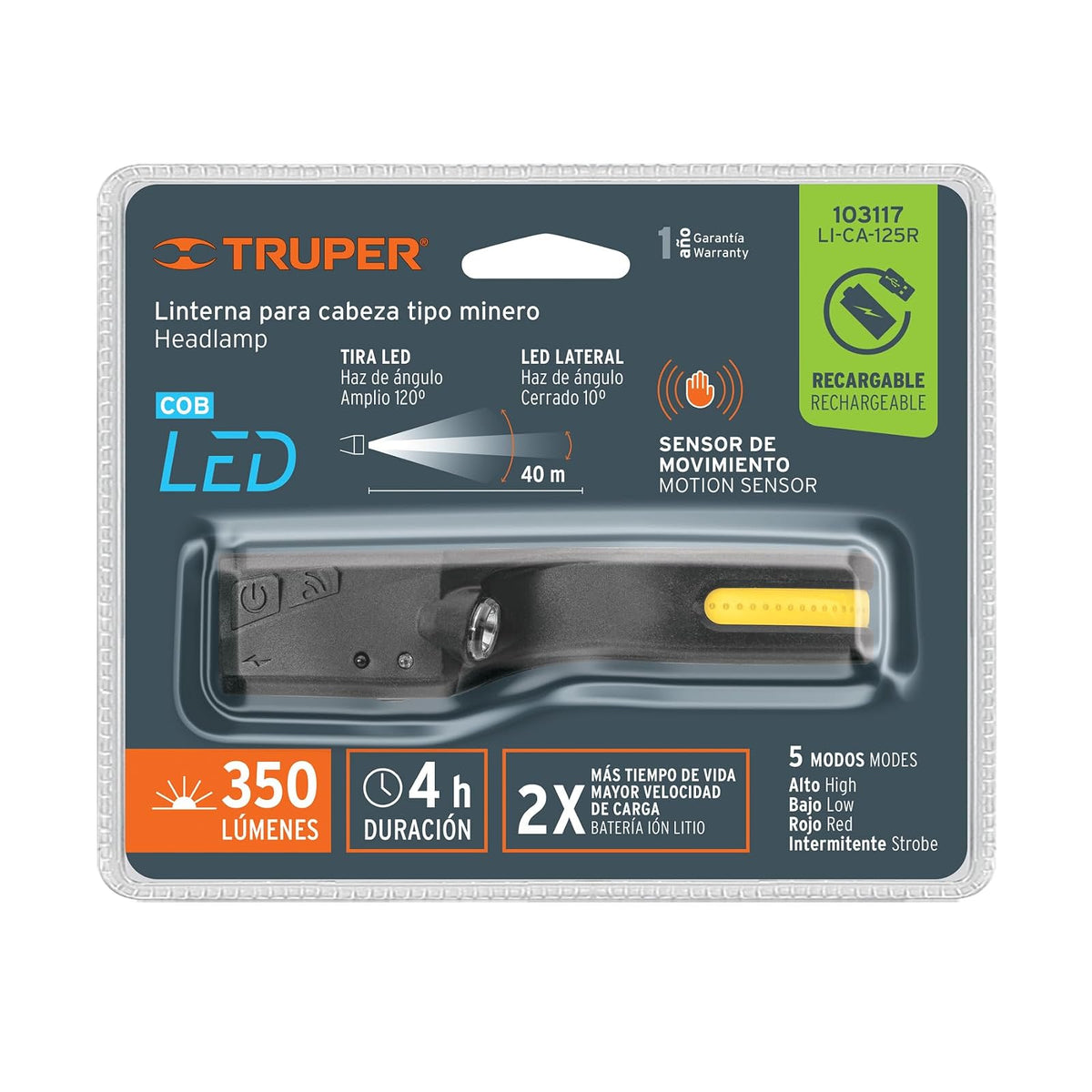 Truper LI-CA-125R, Linterna de minero 125 lúmenes recargable con sensor | Con Sensor