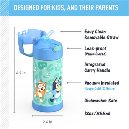 THERMOS FUNTAINER - Botella de agua con pajita, 12 onzas, color azul, botella de agua aislada al aspiradora para niños con tapa