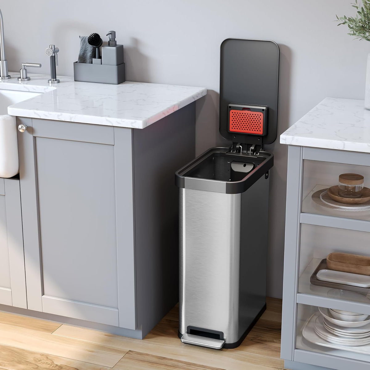 iTouchless SoftStep EXP - cubeta de basura de cocina de 50 litros / 13.2 galones con filtro de olor, tapa de cierre suave, contenedor de reciclaje de acero inoxidable, tapa de plástico a prueba de