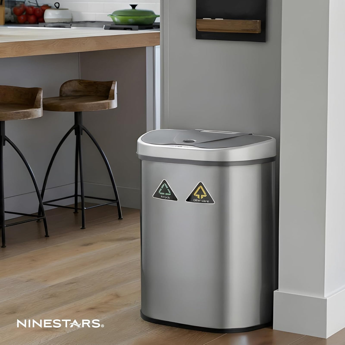 NINESTARS - Bote de Basura reciclable con Sensor de Movimiento de Acero Inoxidable DZT-70-11R, galones, 70 litros/18,5 galones, Plateado/Negro
