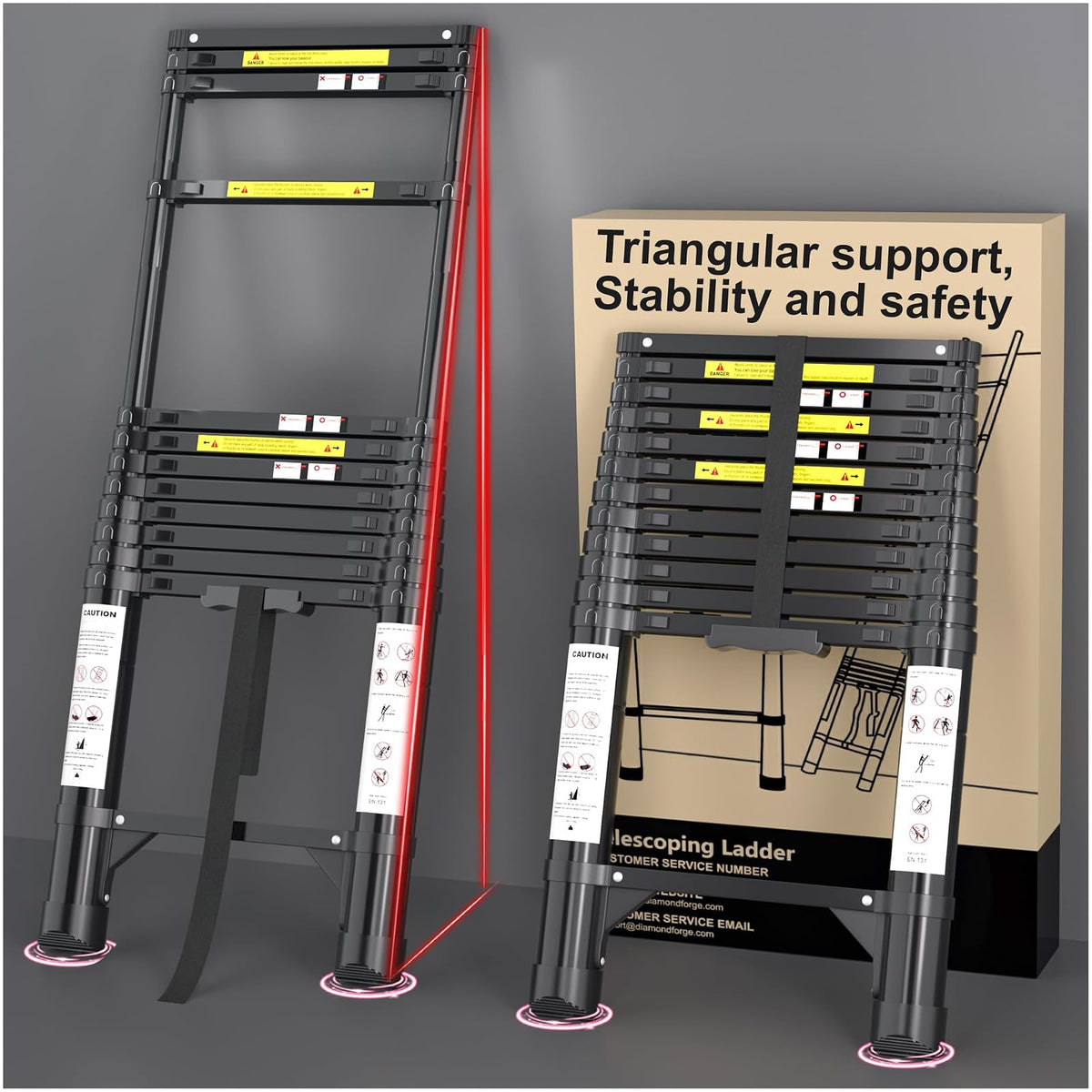 DIAMOND FORGE Escalera telescópica de Aluminio, 3,8 m, Color Negro