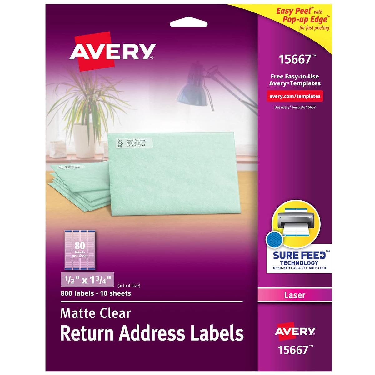 Avery Etiquetas de dirección de devolución imprimibles con alimentación segura, 0.5 x 1.75 pulgadas, transparente mate, 800 etiquetas de correo en blanco (15667)