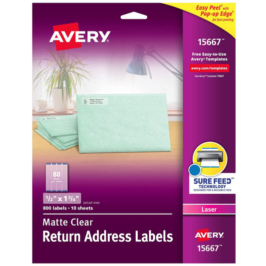 Avery Etiquetas de dirección de devolución imprimibles con alimentación segura, 0.5 x 1.75 pulgadas, transparente mate, 800 etiquetas de correo en blanco (15667)
