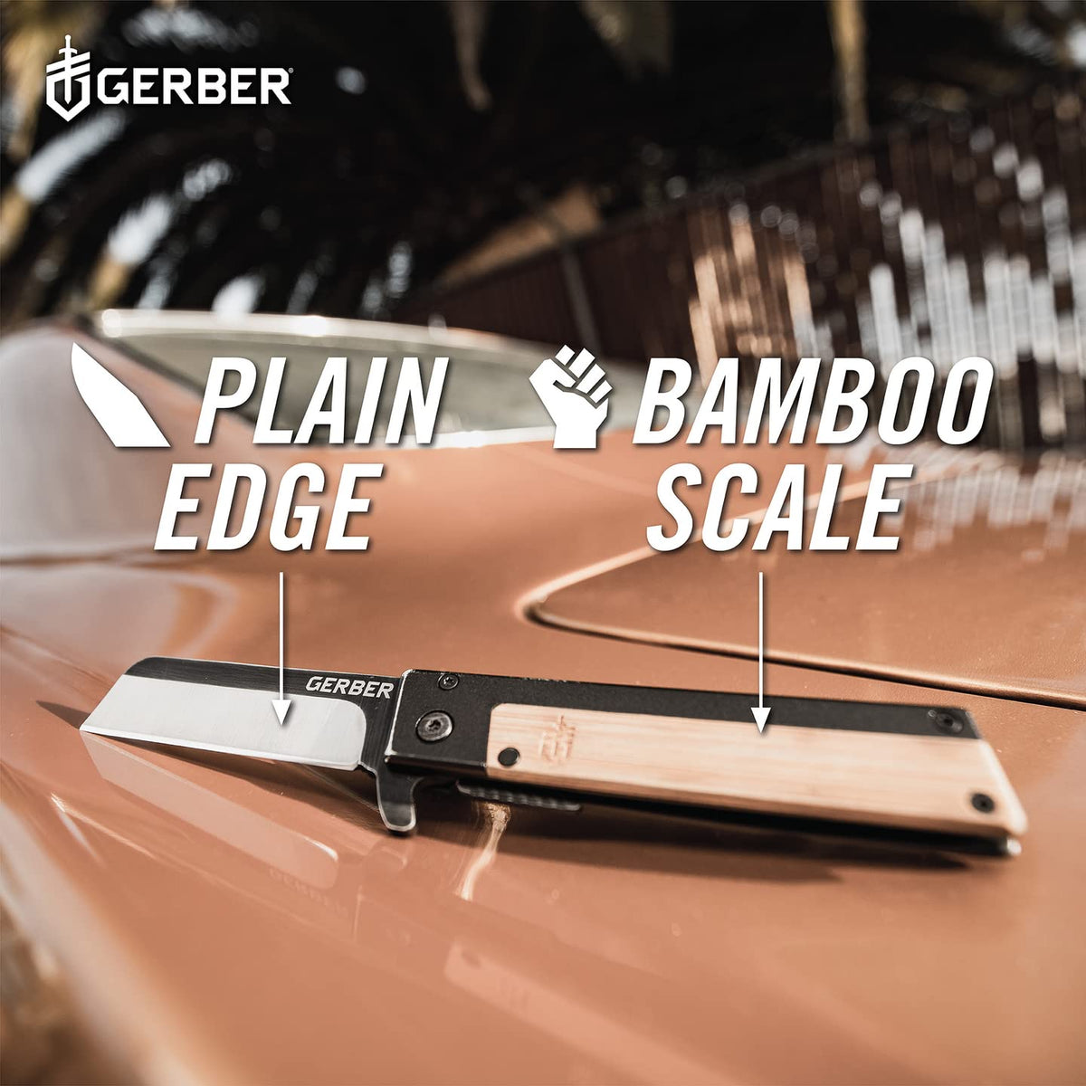 Gerber Quadrant Cuchillo de aleta de filo recto, con clip de bolsillo | Hoja de acero inoxidable, mango de bambú, clip de bolsillo, apertura abierta, transporte diario, cuchillo de supervivencia