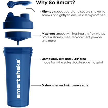 SmartShake LITE Azul Marino 1000ml, Botella Mezcladora de Proteínas, Libre de BPA