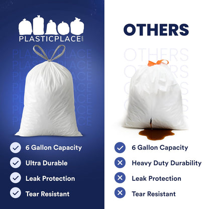 Plasticplace Bolsas de basura de 6 galones, 0.7 mil, forros blancos para cubos de basura con cordón, 17 x 20 pulgadas (100 unidades)