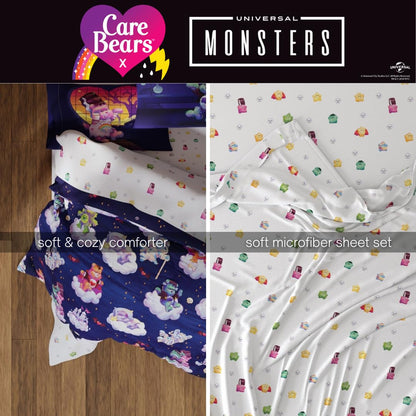 Franco Care Bears x Universal Monsters - Juego de Ropa de Cama de 7 Piezas súper Suave y Acogedor Reversible y Juego de sábanas con Funda matrimonial, (Producto con Licencia Oficial)