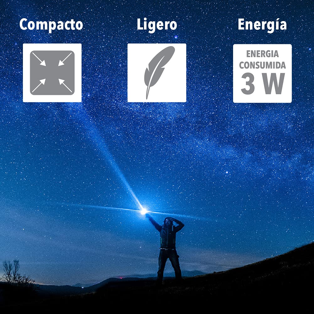 Tecnolite Lámpara LED Recargable Portátil, Linterna LED, 3 Horas de Uso, 250 m. de Distancia, 3 W, 100 - 240 V, 160 Lumens, Luz de Día 6 500 k, IP 20, Color: Naranja.