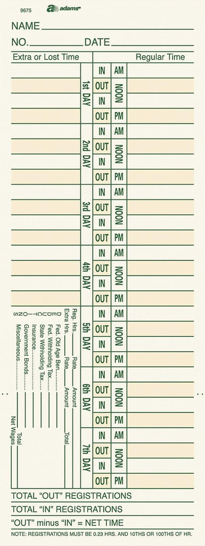 Adams Tarjetas de Tiempo Bi-semanales, 2 Caras, 3-3/8" x 9", Manila, Impresión Verde/Rojo, 200 Unidades