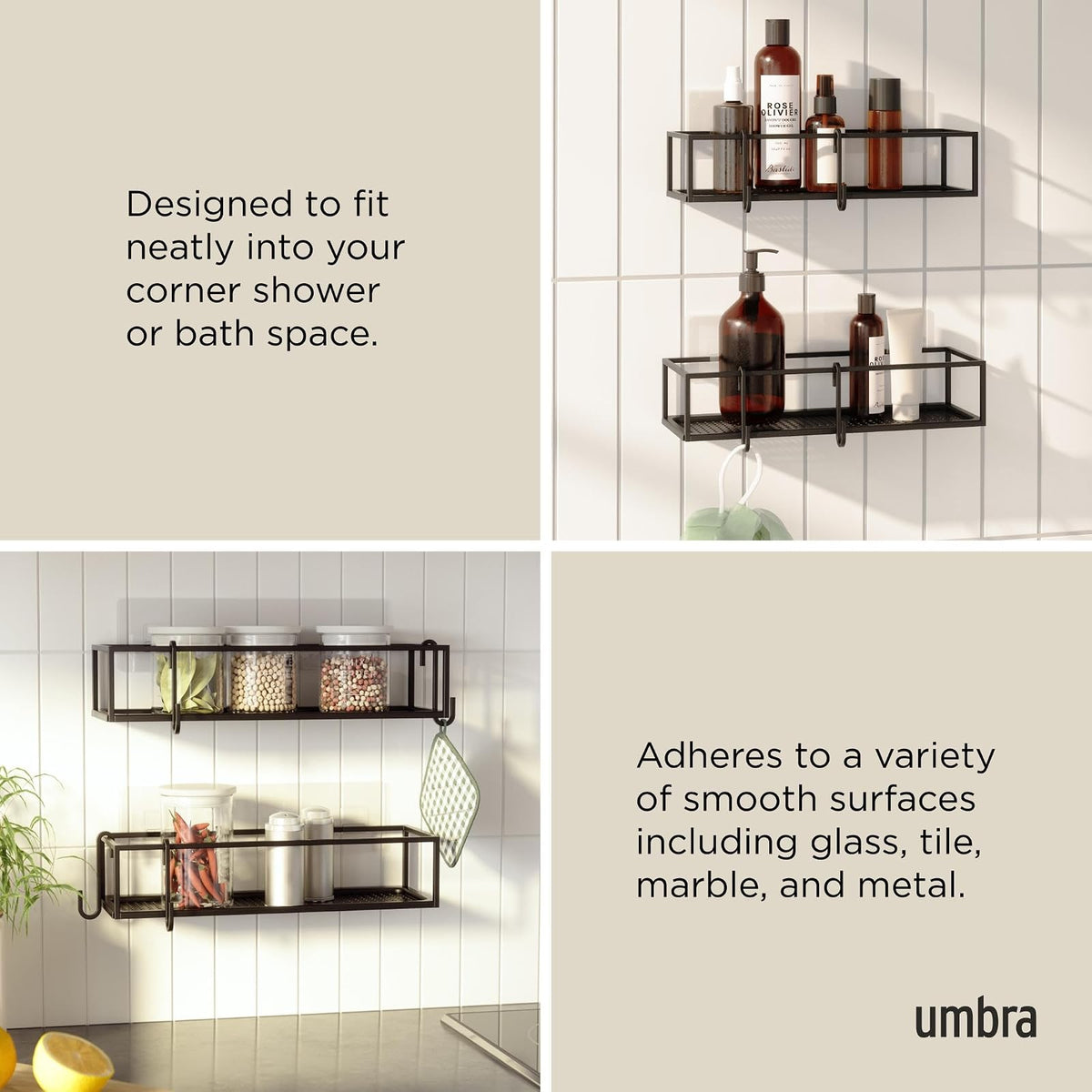 Umbra Cubiko Estante de ducha, estantes flotantes de metal con tiras adhesivas, paquete de 2, negro
