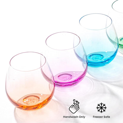 JoyJolt Hue Stemless Wine Glass Set, Large 15 oz Juego de 6 tazones de vino Blanco Rojo o aguamarina, Sin tallo, vaso de colores