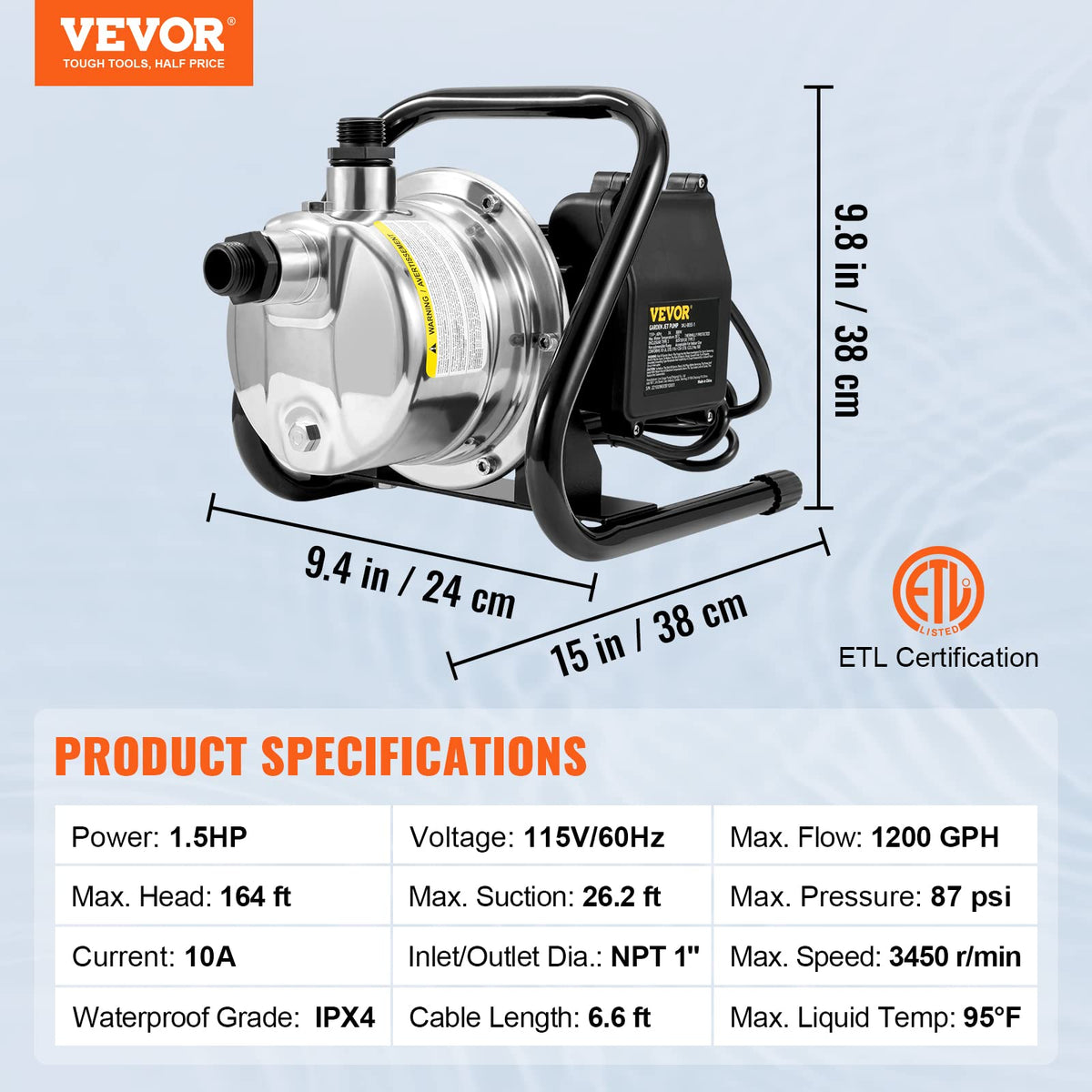 VEVOR Bomba de pozo poco profundo Bomba de chorro de agua portátil para jardín 1.5HP 1200GPH Cabeza de 164 pies