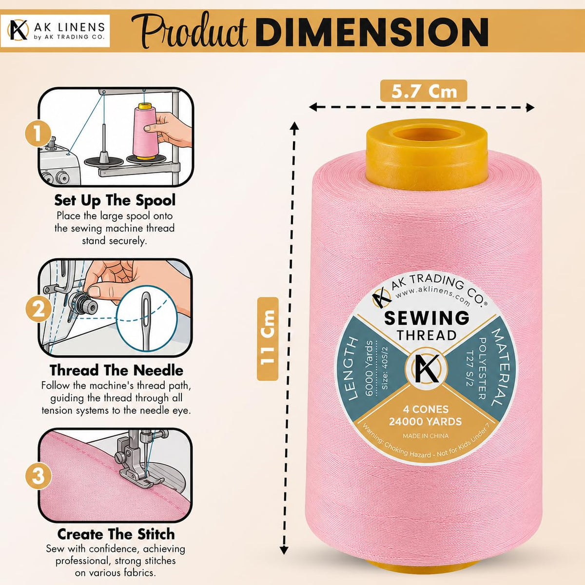 AK-Trading 4-Pack PINK Serger Cone Thread (4000 yards each) of Polyester thread for Sewing, Quilting, Serger