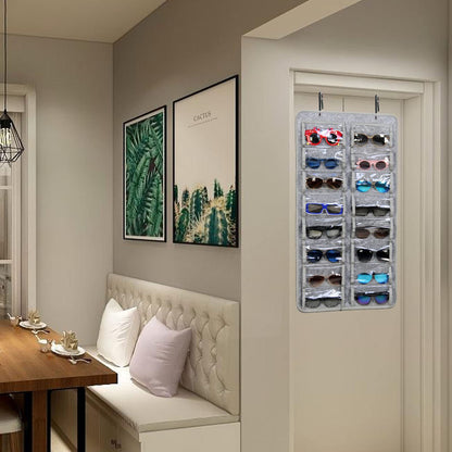 Casaphoria Organizador de anteojos de sol para colgar, a prueba de polvo, bolsillo de pared, organizador de anteojos de sol, 16 ranuras de fieltro, soporte organizador con gancho de metal y cuerda