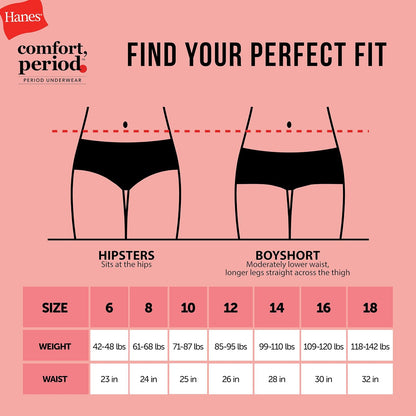 Hanes Hanes® Ropa Interior para niña, Comfort Period.™ Bragas Hipster, Bragas de protección Moderada, Paquete de 4 Ropa Interior a la caderaNiñas