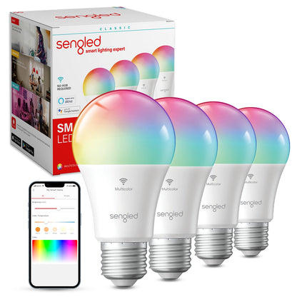 Sengled - Bombilla WiFi que cambia de color, bombillas inteligentes Alexa que funcionan con Alexa y Google Assistant, A19 RGB no requiere concentrador, equivalente a 75 W 800LM CRI>90, juego de 4