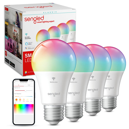Sengled - Bombilla WiFi que cambia de color, bombillas inteligentes Alexa que funcionan con Alexa y Google Assistant, A19 RGB no requiere concentrador, equivalente a 75 W 800LM CRI>90, juego de 4